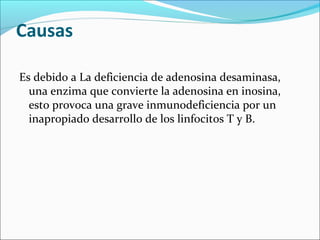 Causas

Es debido a La deficiencia de adenosina desaminasa,
  una enzima que convierte la adenosina en inosina,
  esto provoca una grave inmunodeficiencia por un
  inapropiado desarrollo de los linfocitos T y B.
 
