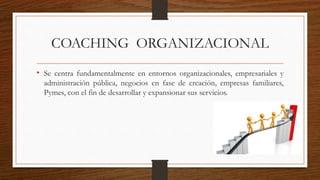 COACHING ORGANIZACIONAL
• Se centra fundamentalmente en entornos organizacionales, empresariales y
administración pública, negocios en fase de creación, empresas familiares,
Pymes, con el fin de desarrollar y expansionar sus servicios.
 
