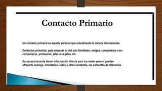 Un contacto primario es aquella persona que actualmente te conoce directamente.
Contactos primarios, para empezar tu red, son familiares, amigos, compañeros o ex-
compañeros, profesores, jefes o ex-jefes, etc.
No necesariamente tienen información directa para tus metas pero si pueden
ofrecerte consejo, orientación, ideas y otros contactos, los contactos de referencia.
 