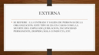 EXTERNA
• SE REFIERE A LA ENTRADA Y SALIDA DE PERSONAS DE LA
ORGANIZACIÓN. ESTE TIPO SE DA EN CASOS COMO; LA
MUERTE DEL EMPLEADO, JUBILACION, INCAPACIDAD
PERMANENTE, DESPIDO, MALA CONDUCTA, ETC
 