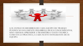 LOS ANTIGUOS MIEMBROS DE CADA EQUIPO DE TRABAJO
PUEDEN NO SOLAMENTE DESARROLLAR SUS CONOCIMIENTOS,
SINO ADEMAS APRENDER A TRASMITIRLO TANTO TEORICA
COMO EN LO PRACTICO, A CADA NUEVO INTEGRANTE DE SU
EQUIPO.
 