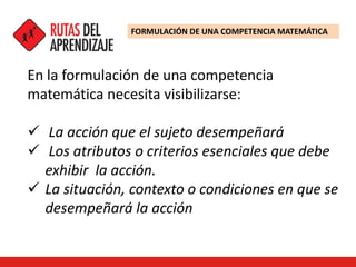 FORMULACIÓN DE UNA COMPETENCIA MATEMÁTICA
En la formulación de una competencia
matemática necesita visibilizarse:
 La acción que el sujeto desempeñará
 Los atributos o criterios esenciales que debe
exhibir la acción.
 La situación, contexto o condiciones en que se
desempeñará la acción
 