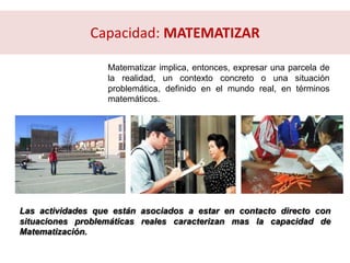 Matematizar implica, entonces, expresar una parcela de
la realidad, un contexto concreto o una situación
problemática, definido en el mundo real, en términos
matemáticos.
Las actividades que están asociados a estar en contacto directo con
situaciones problemáticas reales caracterizan mas la capacidad de
Matematización.
Capacidad: MATEMATIZAR
 