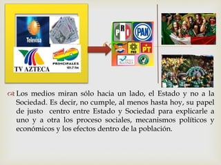 
 Los medios miran sólo hacia un lado, el Estado y no a la
Sociedad. Es decir, no cumple, al menos hasta hoy, su papel
de justo centro entre Estado y Sociedad para explicarle a
uno y a otra los proceso sociales, mecanismos políticos y
económicos y los efectos dentro de la población.
 