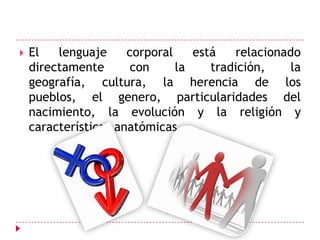 El lenguaje corporal está relacionado directamente con la tradición, la geografía, cultura, la herencia de los pueblos, el genero, particularidades del nacimiento, la evolución y la religión y características anatómicas.