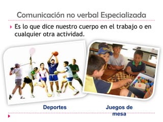 Comunicación no verbal EspecializadaEs lo que dice nuestro cuerpo en el trabajo o en cualquier otra actividad.DeportesJuegos de mesa