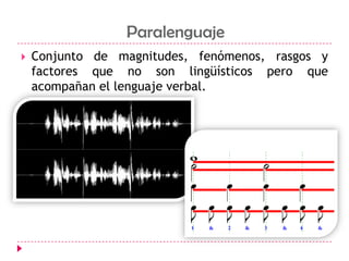Conjunto de magnitudes, fenómenos, rasgos y factores que no son lingüísticos pero que acompañan el lenguaje verbal. Paralenguaje
