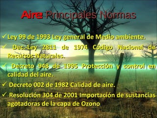 Aire:   Principales Normas Ley 99 de 1993 Ley general de Medio ambiente. Dec.-Ley 2811 de 1974 Código Nacional de Recursos Naturales. Decreto 948 de 1995 Protección y control en calidad  del aire. Decreto 002 de 1982 Calidad de aire. Resolución 304 de 2001 Importación de sustancias agotadoras de la capa de Ozono . 
