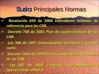 Suelo:   Principales Normas Resolución 643 de 2004 Indicadores mínimos de  referencia para las CAR. Decreto 708 de 2001 Plan de acción trianual de las CAR. Ley 388 de 1997 Ordenamiento territorial y uso del  suelo. Decreto 1864 de 1994 Planes ambientales regionales de  las CAR. Ley 607 de 2000 Creación, funcionamiento y operación  de UMATA.. 