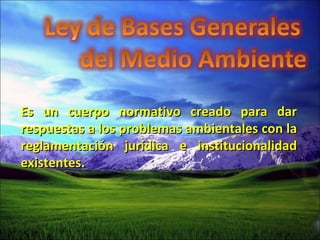 Es un cuerpo normativo creado para dar respuestas a los problemas ambientales con la reglamentación jurídica e institucionalidad existentes.  