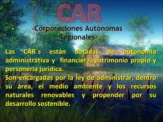 Las CAR´s están dotadas de autonomía administrativa y  financiera, patrimonio propio y personería jurídica. Son encargadas por la ley de administrar, dentro su área, el medio ambiente y los recursos naturales renovables y propender por su desarrollo sostenible . - Corporaciones Autónomas  Regionales- 