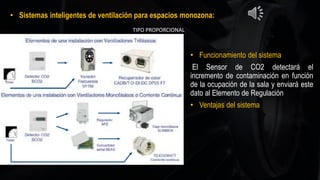 • Sistemas inteligentes de ventilación para espacios monozona:
• Funcionamiento del sistema
El Sensor de CO2 detectará el
incremento de contaminación en función
de la ocupación de la sala y enviará este
dato al Elemento de Regulación
• Ventajas del sistema
TIPO PROPORCIONAL
 