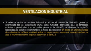 • Si debemos ventilar un ambiente industrial en el cual el proceso de fabricación genera un
determinado tipo de contaminante (humo, calor, humedad, disolventes, etc.) en cantidades
molestas o perjudiciales y no es posible pensar en la utilización de sistemas de captación
localizada para captar el contaminante en la fuente de producción, En efecto, en función del grado
de contaminación del local se deberá aplicar un mayor o menor número de renovaciones/hora de
todo el volumen del mismo, según se observa en la tabla 2.6.
VENTILACION INDUSTRIAL
 