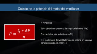Cálculo de la potencia del motor del ventilador
𝑃 =
𝑄 ∗ Δ𝑃
𝑛
P = Potencia
Δ𝑃 = pérdida de presión o de carga del sistema (Pa.)
Q = caudal de aire a distribuir (m3/s)
n = rendimiento del ventilador que se obtiene en su curva
característica (0,40...0,60) (-).
 