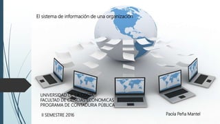 El sistema de información de una organización
Paola Peña Mantel
UNIVERSIDAD DE LA COSTA
FACULTAD DE CIENCIAS ECONOMICAS
PROGRAMA DE CONTADURIA PÚBLICA
II SEMESTRE 2016
 