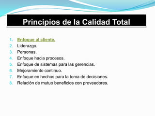 Principios de la Calidad Total
1. Enfoque al cliente.
2. Liderazgo.
3. Personas.
4. Enfoque hacia procesos.
5. Enfoque de sistemas para las gerencias.
6. Mejoramiento continuo.
7. Enfoque en hechos para la toma de decisiones.
8. Relación de mutuo beneficios con proveedores.
 