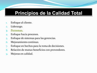 Principios de la Calidad Total
1. Enfoque al cliente.
2. Liderazgo.
3. Personas.
4. Enfoque hacia procesos.
5. Enfoque de sistemas para las gerencias.
6. Mejoramiento continuo.
7. Enfoque en hechos para la toma de decisiones.
8. Relación de mutuo beneficios con proveedores.
9. Mejoras en calidad.
 