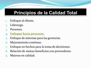 Principios de la Calidad Total
1. Enfoque al cliente.
2. Liderazgo.
3. Personas.
4. Enfoque hacia procesos.
5. Enfoque de sistemas para las gerencias.
6. Mejoramiento continuo.
7. Enfoque en hechos para la toma de decisiones.
8. Relación de mutuo beneficios con proveedores.
9. Mejoras en calidad.
 