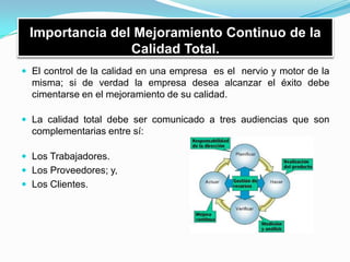 Importancia del Mejoramiento Continuo de la
Calidad Total.
 El control de la calidad en una empresa es el nervio y motor de la
misma; si de verdad la empresa desea alcanzar el éxito debe
cimentarse en el mejoramiento de su calidad.
 La calidad total debe ser comunicado a tres audiencias que son
complementarias entre sí:
 Los Trabajadores.
 Los Proveedores; y,
 Los Clientes.
 