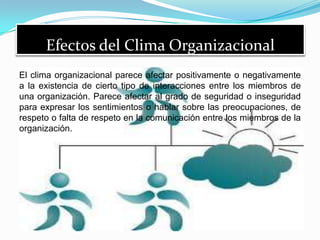 Efectos del Clima Organizacional
El clima organizacional parece afectar positivamente o negativamente
a la existencia de cierto tipo de interacciones entre los miembros de
una organización. Parece afectar al grado de seguridad o inseguridad
para expresar los sentimientos o hablar sobre las preocupaciones, de
respeto o falta de respeto en la comunicación entre los miembros de la
organización.
 