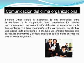 Comunicación del clima organizacional
Stephen Covey señaló la existencia de una correlación entre
la confianza y la cooperación para caracterizar los niveles
de comunicación. Una comunicación defensiva se caracteriza por la
baja confianza y la baja cooperación entre las personas, en ella hay
una actitud auto protectora y a menudo un lenguaje legalista que
califica las alternativas y estipula cláusulas para la huida en caso de
que las cosas salgan mal.
 