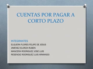 CUENTAS POR PAGAR A
CORTO PLAZO
INTEGRANTES
ELGUERA FLORES FELIPE DE JESUS
JIMENEZ ELORZA RUBEN
MANCERA RODRIGUEZ JOSE LUIS
RESENDIZ RODRIGUEZ LUIS ARMANDO
 