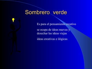 Sombrero  verde Es para el pensamiento creativo se ocupa de ideas nuevas y desechar las ideas viejas ideas creativas e ilógicas 