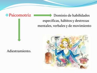 Psicomotriz Dominio de habilidades 
especificas, hábitos y destrezas 
mentales, verbales y de movimiento 
Adiestramiento. 
 