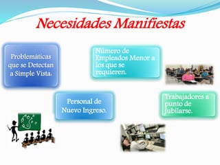 Necesidades Manifiestas 
Número de 
Empleados Menor a 
los que se 
requieren. 
Personal de 
Nuevo Ingreso. 
Problemáticas 
que se Detectan 
a Simple Vista: 
Trabajadores a 
punto de 
Jubilarse. 
 