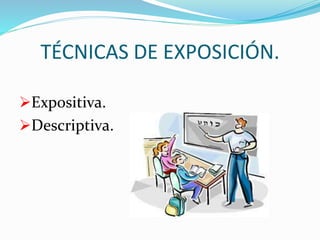 TÉCNICAS DE EXPOSICIÓN. 
Expositiva. 
Descriptiva. 
 
