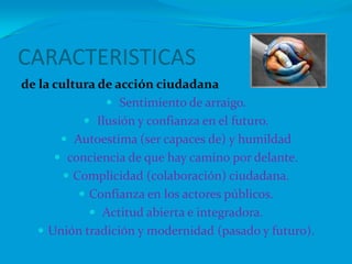 CARACTERISTICAS de la cultura de acción ciudadanaSentimiento de arraigo.Ilusión y confianza en el futuro.Autoestima (ser capaces de) y humildadconciencia de que hay camino por delante.Complicidad (colaboración) ciudadana.Confianza en los actores públicos.Actitud abierta e integradora.Unión tradición y modernidad (pasado y futuro).
