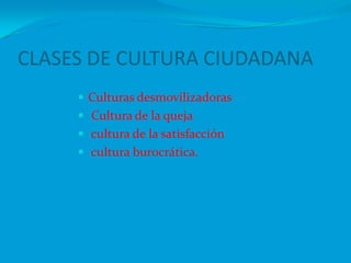 CLASES DE CULTURA CIUDADANA Culturas desmovilizadorasCultura de la quejacultura de la satisfacción cultura burocrática.