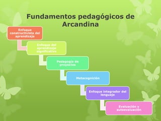 Fundamentos pedagógicos de
Arcandina
Enfoque
constructivista del
aprendizaje
Enfoque del
aprendizaje
significativo
Pedagogía de
proyectos

Metacognición

Enfoque integrador del
lenguaje

Evaluación y
autoevaluación

 