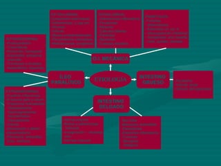 ETIOLOGÍA O.I. MECÁNICA EXTRALUMINAL (compresión extrínseca) Adherencias; c,i,pq,nm. Hernias  Vólvulo Masas exrtraintestinales Pinzamientos vasculares Malrotaciones congénitas INTRALUMINAL Adherencias inflamatoria Fecalomas Meconio Cálculos biliares Parásitos Bezoares Cuerpos extraños PARIETALES: Tumores Inflamatorias  Estenosis: pr, pq, fc Intususpección intestinal Congénitas: ano imperfo rado, quistes, atresias. ÍLEO  PARALÍTICO INTRAABDOMINAL Postoperatorio Traumáticas Peritonitis, hemoperit. Colecistitis, empiema vesicular. Trombosis o embolia mesentérica, isquemia. EXTRAABDOMINAL Cuadros infecciosos. Fracturas pélv y colum Trastornos hidroelectro hipopotasemia hipomagnesemia hipoclorhidria hipocalcemia Uremia Intoxicación x plomo Hipotiroidismo Fármacos: antiepilép- ticos, mórficos. INTESTINO  DELGADO INTESTINO  GRUESO Hernia externa Bridas y adherencias Vólvulos Invaginación – intuscep ción. -Hernias internas Íleo biliar Bezoares, enterolitos Parasitarias Estrechez inflamatoria Tumores: Benignos Malignos Fecaloma Vólvulo cecal Vólvulo del sigmoides 