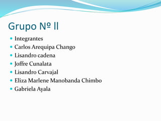 Grupo Nº ll
 Integrantes
 Carlos Arequipa Chango
 Lisandro cadena
 Joffre Cunalata
 Lisandro Carvajal
 Eliza Marlene Manobanda Chimbo
 Gabriela Ayala
 