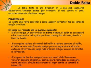 Doble Falta
La doble falta es una situación en la que dos jugadores
adversarios cometen faltas por contacto, el uno contra el otro,
aproximadamente al mismo tiempo.
Penalización:
Se anota una falta personal a cada jugador infractor. No se concede
ningún tiro libre.
El juego se reanuda de la manera siguiente:
• Si se consigue un cesto válido al mismo tiempo, el balón se concederá
a los adversarios del equipo que haya conseguido el cesto, desde la
línea de fondo.
• Si un equipo tuviera el control del balón o tuviera derecho al balón,
el balón se concederá a este equipo para un saque desde el punto
exterior al terreno de juego más próximo al lugar en que se cometió
la infracción.
• Si ninguno de los dos equipos tuviera el control del balón o no
tuvieran derecho al balón, el partido será reanudado con un salto
entre dos en el círculo más cercano al lugar donde se cometió la
infracción.
 