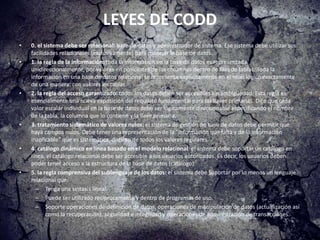 OTRAS FUNCIONES DE LOS SGBDEn la manipulación de una base de datos, los SGBD deben incluir un control de concurrencia, o sea, deben permitir a varios usuarios tener acceso "simultáneo" a la base de datos. Controlar la concurrencia implica que si varios usuarios acceden a la base de datos, la actualización de los datos se haga de forma controlada para que no haya problemas.Un SGBD también debe encargase de cumplir las reglas de integridad y redundancias.Otra función importante en un SGBD es su capacidad de realizar copias de seguridad y de recuperación de datos.Restricción de accesos no autorizados.Suministrar múltiples interfaces de usuario.Representar relaciones complejas entre los datos