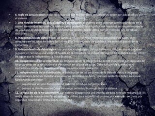 CLASIFICACION DE LOS SGBDEsta clasificación está basada en el modelo de datos en que está basado el SGBD. Los modelos de datos más habituales son:-Relacional ( SGBDR): representa a la base de datos como una colección de tablas. Estas bases de datos suelen utilizar SQL como lenguaje de consultas de alto nivel.-Orientado a objetos: define a la base de datos en términos de objetos, sus propiedades y sus operaciones. Todos los objetos que tienen la misma estructura y comportamiento pertenecen a una clase y las clases de organizan en jerarquías.-Objeto-relacional o relacional extendido: son los sistemas relacionales con características de los orientado a objetos.-Jerárquico: representa los datos como estructuras jerárquicas de arbol.-En red o CODASYLDBTG.Un SGBD también puede clasificarse por el número de usuario a los que da servicio:* Monousuario* MultiusuarioTambién puede clasificarse según el número de sitios en los que está distribuida la base de datos:-Centralizado: la base de datos y el software SGBD están almacenados en un solo sitio (una sola computadora).-Distribuido ( SGBDD): la base de datos y el software SGBD pueden estar distribuidos en múltiples sitios conectados por una red.