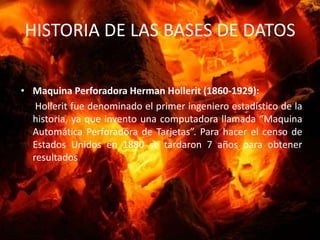 HISTORIA DE LAS BASES DE DATOSMaquina Perforadora Herman Hollerit (1860-1929):Hollerit fue denominado el primer ingeniero estadístico de la historia, ya que invento una computadora llamada “Maquina  Automática Perforadora de Tarjetas”. Para hacer el censo de Estados Unidos en 1880 se tardaron 7 años para obtener resultados