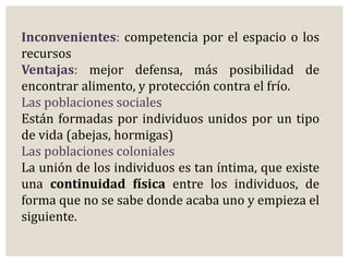 Inconvenientes: competencia por el espacio o los 
recursos 
Ventajas: mejor defensa, más posibilidad de 
encontrar alimento, y protección contra el frío. 
Las poblaciones sociales 
Están formadas por individuos unidos por un tipo 
de vida (abejas, hormigas) 
Las poblaciones coloniales 
La unión de los individuos es tan íntima, que existe 
una continuidad física entre los individuos, de 
forma que no se sabe donde acaba uno y empieza el 
siguiente. 
 