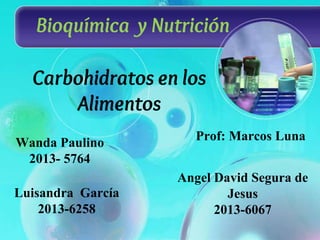 Bioquímica y Nutrición
Luisandra García
2013-6258
Wanda Paulino
2013- 5764
Angel David Segura de
Jesus
2013-6067
Carbohidratos en los
Alimentos
Prof: Marcos Luna
 