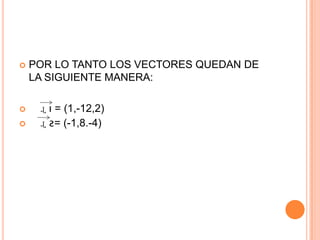    POR LO TANTO LOS VECTORES QUEDAN DE
    LA SIGUIENTE MANERA:

    ɻ ı = (1,-12,2)
    ɻ ƨ= (-1,8.-4)
 