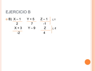 EJERCICIO B
   B) X – 1   Y+5   Z–1   ɻı
         2      7     -1
       X+3     Y–9     Z   ɻƨ
         -2           4
 