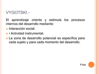VYGOTSKI -
El aprendizaje orienta y estimula los procesos
internos del desarrollo mediante:
 Interacción social.

 • Actividad instrumental.

 La zona de desarrollo potencial es específica para
  cada sujeto y para cada momento del desarrollo.




                                                Frida
 