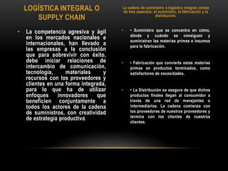 La cadena de suministro o logística integral consta de tres aspectos: el suministro, la fabricación y la distribución.LOGÍSTICA INTEGRAL O SUPPLY CHAIN• Suministro que se concentra en cómo, dónde y cuándo se consiguen y suministran las materias primas e insumos para la fabricación.• Fabricación que convierte estas materias primas en productos terminados, como satisfactores de necesidades.• La Distribución se asegura de que dichos productos finales llegan al consumidor a través de una red de manejantes o intermediarios. La cadena comienza con los proveedores de nuestros proveedores y termina con los clientes de nuestros clientes.La competencia agresiva y ágil en los mercados nacionales e internacionales, han llevado a las empresas a la conclusión que para sobrevivir con éxito, debe iniciar relaciones de intercambio de comunicación, tecnología, materiales y recursos con los proveedores y clientes en una forma integrada, para lo que ha de utilizar enfoques innovadores que beneficien conjuntamente a todos los actores de la cadena de suministros, con creatividad de estrategia productiva.