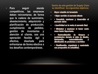 Dentro de esta gestión de SupplyChainse identifican  los siguientes objetivos:Para seguir siendo competitivas, las empresas deben reinventarse, de forma que la cadena de suministro, abastecimiento, adquisición y planificación de producción, cumplimiento de pedidos, gestión de inventarios y atención al cliente, sea una operación flexible ágil y efectiva, diseñada para enfrentarse de forma efectiva a los desafíos contemporáneos.Mayor rotación de inventario• Mejor servicio al mercado-cliente• Descubrir, mantener y desarrollar el mercado cierto• Asertividad en la venta al mercado final• Minimizar y mantener el factor costo como factor importante.• Racionalización de tiempos y movimientos durante el ciclo de diseño, fabricación, comercialización y distribución de productos y servicios• Planificación, organizada y controlada con prospectiva de actualidad.