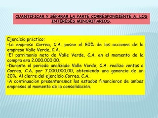 CUANTIFICAR Y SEPARAR LA PARTE CORRESPONDIENTE A: LOS
INTERESES MINORITARIOS.
Ejercicio práctico:
•La empresa Correa, C.A. posee el 80% de las acciones de la
empresa Valle Verde, C.A.
•El patrimonio neto de Valle Verde, C.A. en el momento de la
compra era 2.000.000,00.
•Durante el periodo analizado Valle Verde, C.A. realizo ventas a
Correa, C.A. por 7.000.000,00, obteniendo una ganancia de un
20%. Al cierre del ejercicio Correa, C.A.
•A continuación presentaremos los estados financieros de ambas
empresas al momento de la consolidación.
 