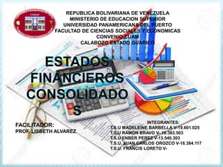 REPUBLICA BOLIVARIANA DE VENEZUELA
MINISTERIO DE EDUCACION SUPERIOR
UNIVERSIDAD PANAMERICANA DEL PUERTO
FACULTAD DE CIENCIAS SOCIALES Y ECONOMICAS
CONVENIO CUAM
CALABOZO ESTADO GUARICO
INTEGRANTES:
T.S.U MADELEINE BARBELLA V-19.601.025
T.S.U RAMON BRAVO V- 16.383.503
T.S.U ENBER PEREZ V-13.540.303
T.S.U. JUAN CARLOS OROZCO V-16.384.117
T.S.U. FRANCIS LORETO V-
FACILITADOR:
PROF. LISBETH ALVAREZ
 