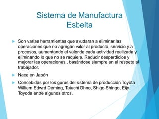 Sistema de Manufactura
Esbelta
 Son varias herramientas que ayudaran a eliminar las
operaciones que no agregan valor al producto, servicio y a
procesos, aumentando el valor de cada actividad realizada y
eliminando lo que no se requiere. Reducir desperdicios y
mejorar las operaciones , basándose siempre en el respeto al
trabajador.
 Nace en Japón
 Concebidas por los gurús del sistema de producción Toyota
William Edwrd Deming, Taiuchi Ohno, Shigo Shingo, Eijy
Toyoda entre algunos otros.
 