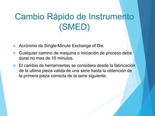 Cambio Rápido de Instrumento
(SMED)
 Acrónimo de Single-Minute Exchange of Die
 Cualquier camino de maquina o iniciación de proceso debe
durar no mas de 10 minutos.
 El cambio de herramientas se considera desde la fabricación
de la ultima pieza valida de una serie hasta la obtención de
la primera pieza correcta de la serie siguiente.
 